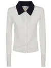 Self-portrait Cream Merino Wool Cardigan With Polo Collar And Button Closure In White
