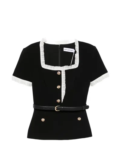 Self-portrait Button-up Belted Blouse In Black