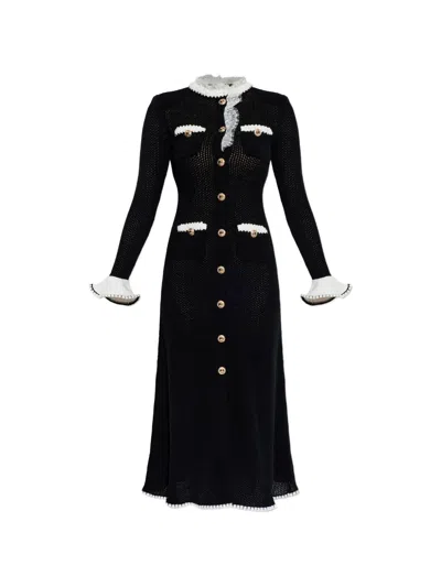 Self-portrait Buttoned Crochet Midi Dress In Black