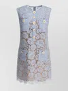 Self-portrait Blue Crewneck Mini Dress With All-over Lace Embroidery And Scallop Hem In Cotton Blend Woman