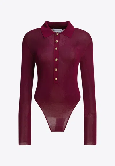 Self-portrait Buttoned Knit Bodysuit In Burgundy