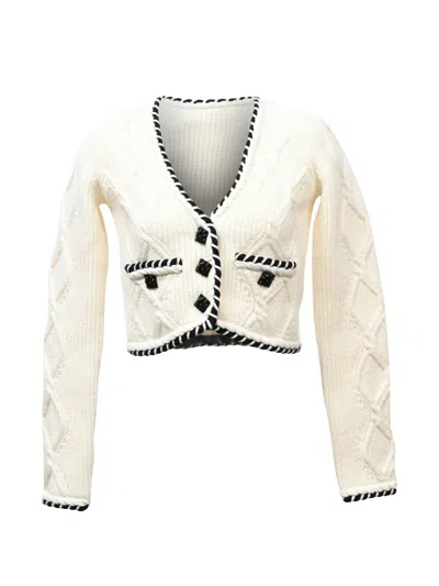 Pre-owned Self-portrait Cable-knit Cropped Cardigan In Neutral