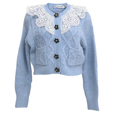 Self-portrait Cable-knit Lace-trimmed Cardigan In Light Blue Acrylic