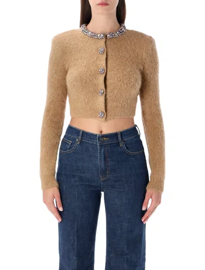 SELF-PORTRAIT SELF-PORTRAIT CAMEL ALPACA CROPPED CARDIGAN WITH CRYSTAL TRIMS