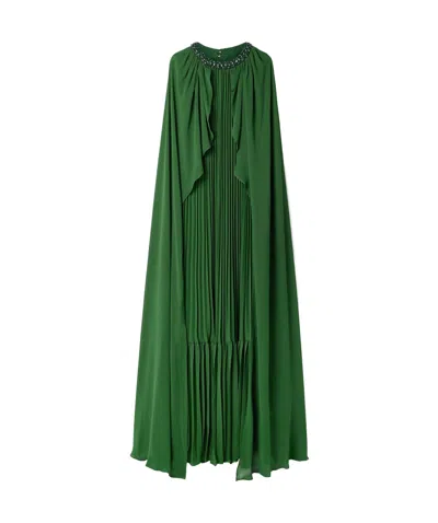 Self-portrait Cape-effect Crystal-embellished Plissé-chiffon Gown In Green