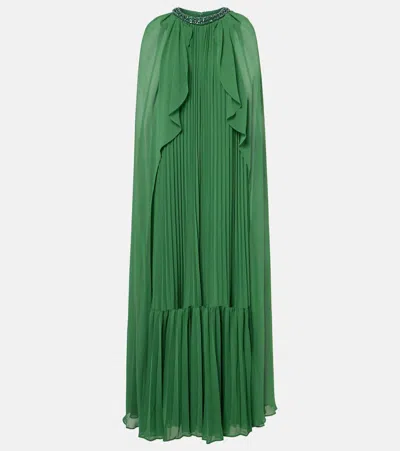 Self-portrait Chiffon Dress With Cape And Rhinestones In Green