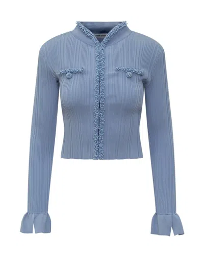 Self-portrait Fitted Ribbed Knit Cardigan With Pearl Embellishments In Blue