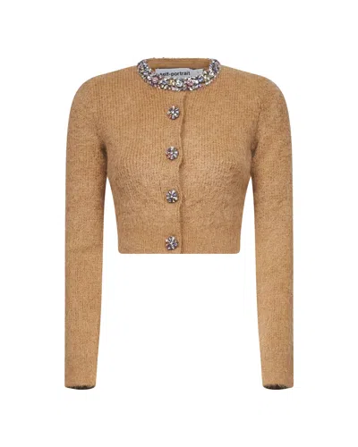 Self-portrait Cardigan Con Finiture Decorate Marrone In Brown