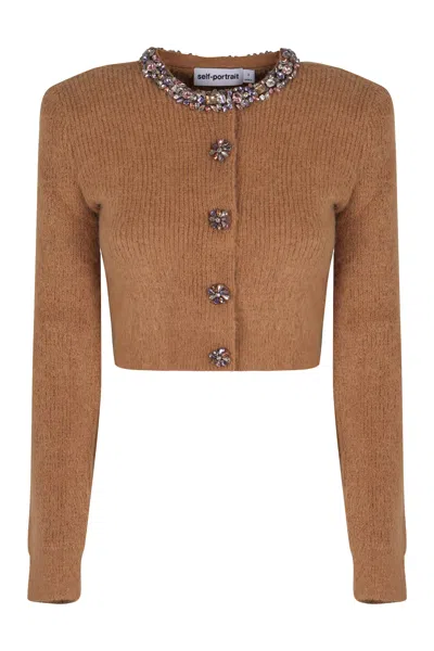 Self-portrait Cardigan In Blend Of Alpaca Wool In Brown