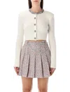 Self-portrait Whirw Cropped Crewneck Cardigan With Crystal Embellishments On Collar And Buttons In Wool Blend Woma In White