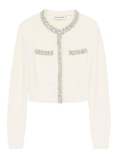 Self-portrait Crystal Cardigan With Crew Neck And Embellished Trim In Beige
