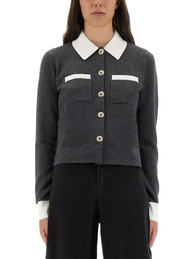 Self-portrait Cardigan With Contrasting Collar In Gray