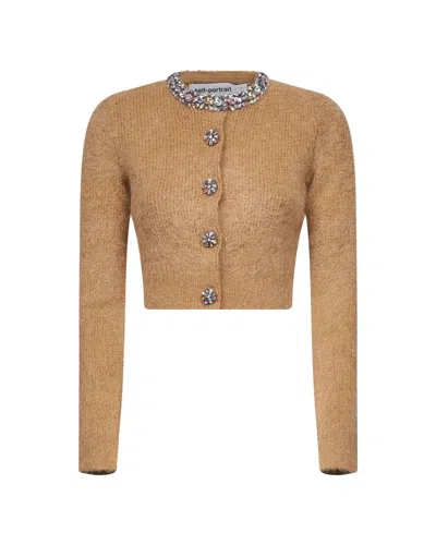 SELF-PORTRAIT CARDIGAN WITH DECORATED TRIMS IN BROWN