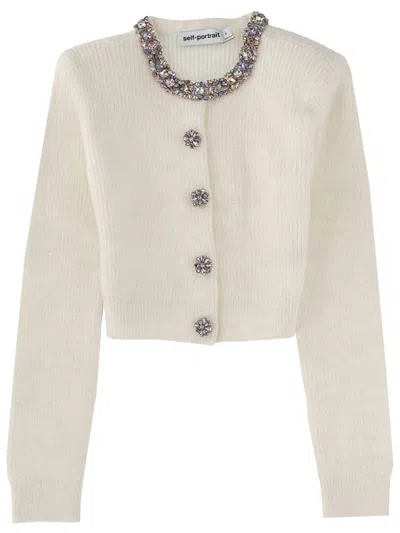 Self-portrait Cardigan With "diamanté" Detail In White
