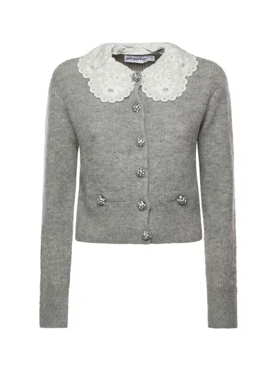 Self-portrait Cardigan With Lace Collar In Gray