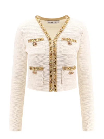 Self-portrait Cardigan With Rhinestones Profiles In Beige