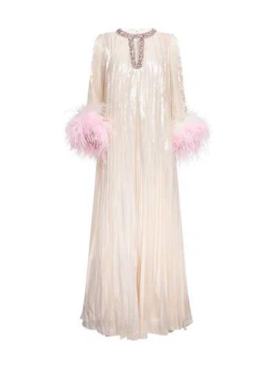 Self-portrait Champagne Metallic Pleated Caftan Maxi Dress In White