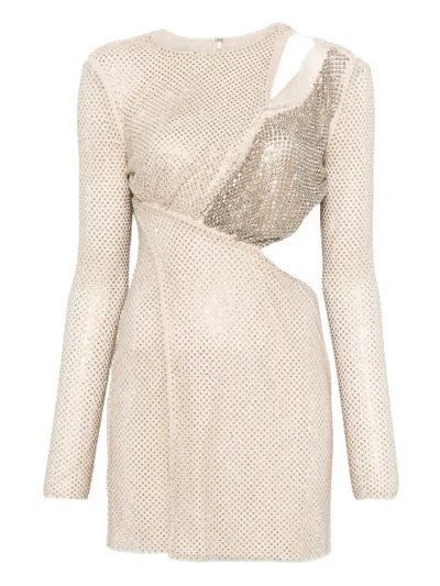 Self-portrait Self Portrait Champagne Rhinestone Lace Trim Mini Dress In Neutral