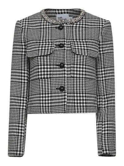 Self-portrait Houndstooth Jacket With Crystals In Gray