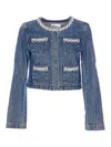 Self-portrait Cropped Denim Jacket With Crystal Chain Trims In Blue