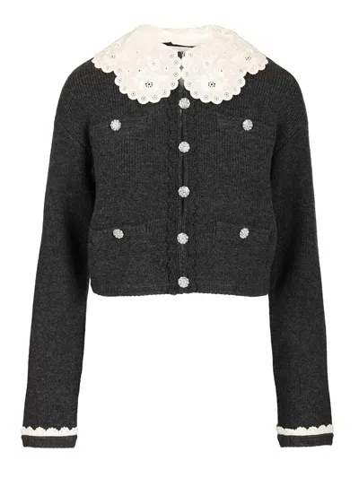 Self-portrait Charcoal Lace Collar Cardigan Knitwear Grey In Gray