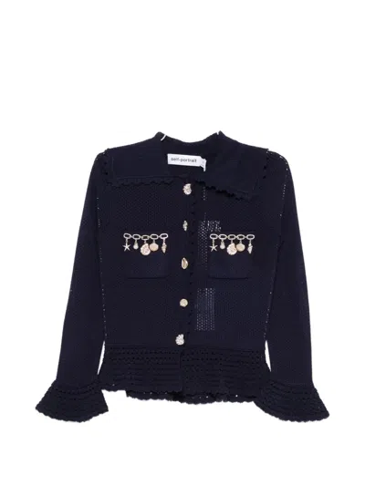 Self-portrait Charm-detail Scalloped-trim Cardigan In Black