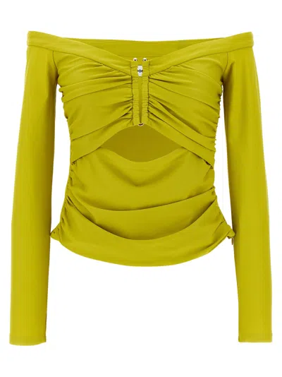 Self-portrait Chartreuse Jersey Off Shoulder Tops In Green