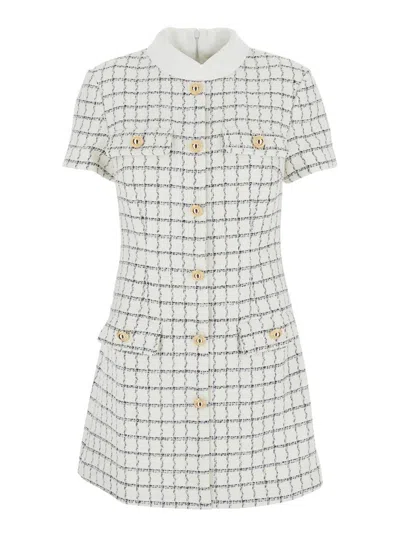 SELF-PORTRAIT WHITE MINI DRESS WITH JEWEL BUTTONS AND ALL-OVER CHECK MOTIF IN TECH FABRIC WOMAN