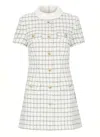 Self-portrait White Mini Dress With Jewel Buttons And All-over Check Motif In Tech Fabric Woman In White