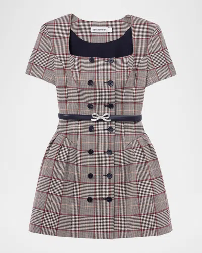 Self-portrait Brown Check Short Sleeve Mini Dress In Neutral