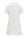 Self-portrait White Mini Dress With Jewel Buttons And All-over Check Motif In Tech Fabric Woman In White