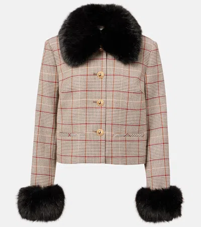 Self-portrait Checked Faux Fur-trimmed Jacket In Brown