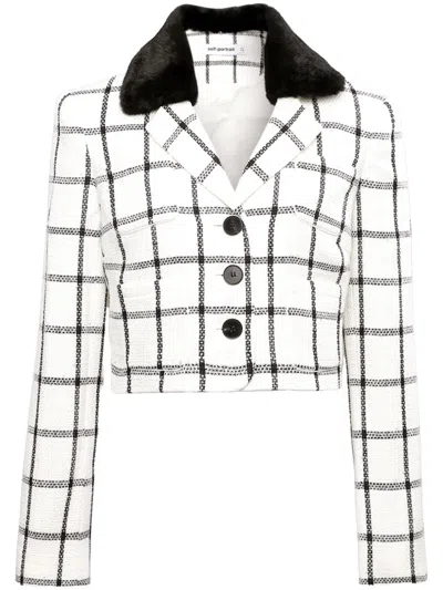 Self-portrait Cropped Faux Fur-trimmed Checked Tweed Jacket In Cream