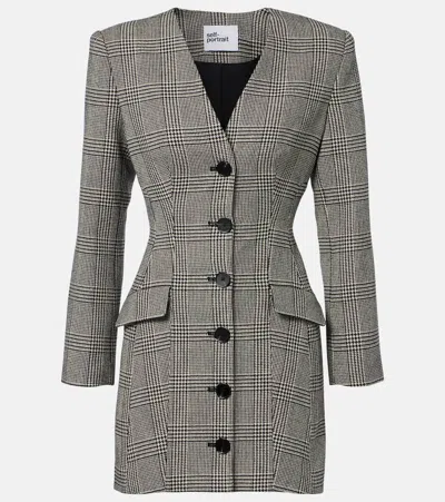 Self-portrait Checked Wool-blend Minidress In Black