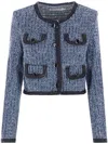 Self-portrait Blue Cropped Jacket With Patch Pocket In Textured Denim Woman In Grey