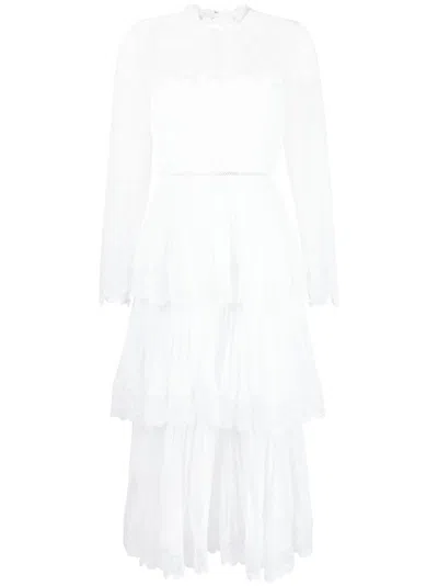 Self-portrait Tiered Lace-trimmed Embroidered Tulle And Pleated Chiffon Midi Dress In White