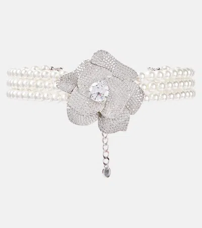 Self-portrait Choker Crystal Flower Mit Kristallen Und Zierperlen In Weiss