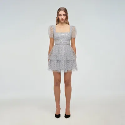 Pre-owned Self-portrait Self Portrait Cluster Sequin Tiered Mini Dress In Gray