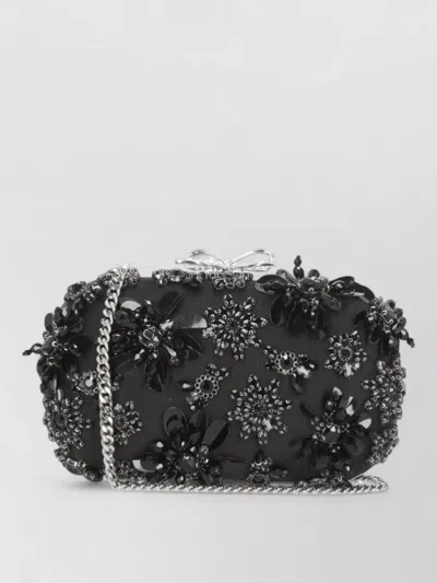 Self-portrait Clutch Bag Strass Floral Pattern Bow Chain In Black