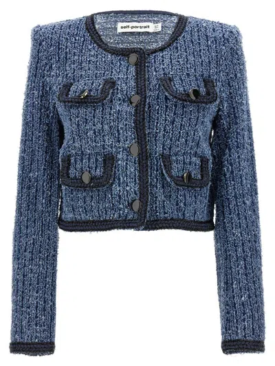 Self-portrait Blue Cropped Jacket With Patch Pocket In Textured Denim Woman