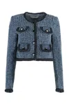 Self-portrait Blue Cropped Jacket With Patch Pocket In Textured Denim Woman In Navy