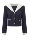 Self-portrait Belted Waist Short Jacket With Stripe Trim In Blue