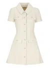 Self-portrait Structured Beige Dress With Classic Collar And Flap Pockets In White