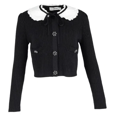 Self-portrait Collared Metallic-weave Cardigan In Black Cotton