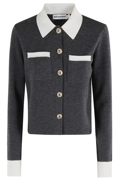 Self-portrait Contrast Collar Cardigan In Gray