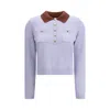 Self-portrait Light Blue Knit Contrasting Collar Polo Shirt In Purple