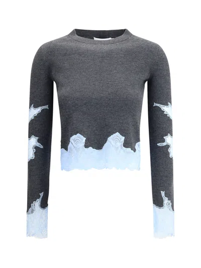 Self-portrait Contrast Lace Knit Sweater In Gray