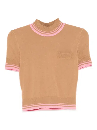 Self-portrait Contrast Stripe Knit Top In Brown