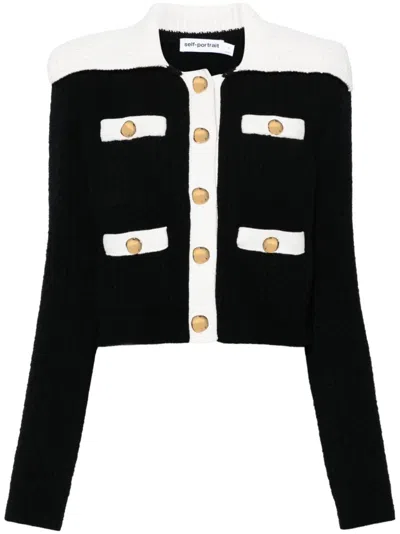Self-portrait Crochet Knitted Cardigan With Contrasting Profiles In Blue