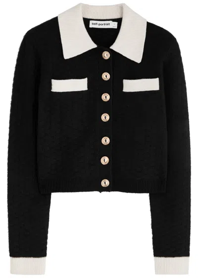 Self-portrait Contrast-trim Waffle-knit Cardigan In Black